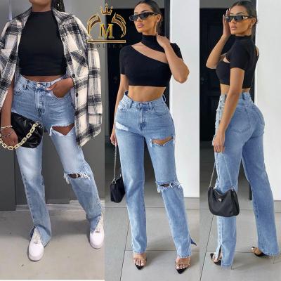 China High Quality Women's Breathable Jeans Casual Hole High Ripped Waist Split Zipper Pocket Denim Pants Jeans For Women for sale