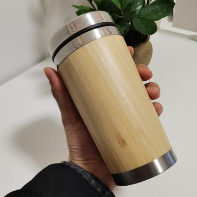 China Sustainable Factory Sale 15oz Double Shell Stainless Steel Wall Heat Insulation Bamboo Wooden Coffee Mug Eco Friendly Reusable for sale