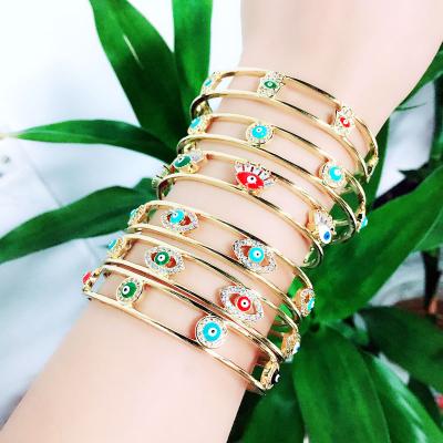 China TRENDY Women Jewelry 18k Gold Plated Diamond Cz Micro Pave Evil Eye Hamsa Double Stacking Bracelet Bangle Charms Enamel Evil Eye for sale