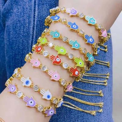 China TRENDY 18k Gold Plated Rainbow Enamel Multi Colored Evil Eyes Spiritual CZ Palm Eyes Tennis Link Chain Bracelets for sale