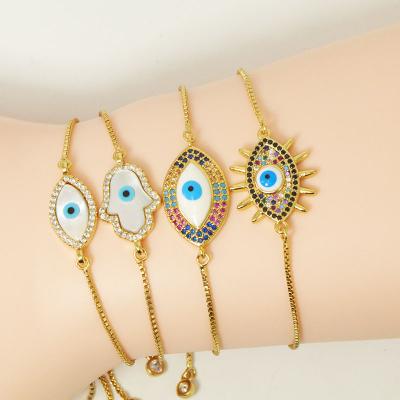 China High Quality Religious Evil Eye Bracelet Micro Zircon Inlaid Women Charm Adjustable Shell Jewelry Rainbow for sale