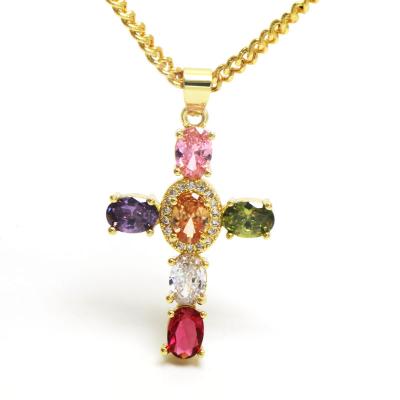 China Wholesale FASHIONABLE Popular Colorful Cubic Zircon Pavet Ladies Christian Jewelry Micro 18k Gold Plated Cross Pendant Necklace for sale