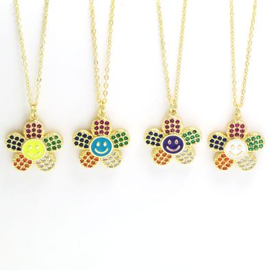 China TRENDY 18K Gold Zircon Smiley Daisy Sun Flower Pendant For Women Colorful Gold Plated To Pave CZ Pendant Diamond Enamel Charm Necklaces for sale