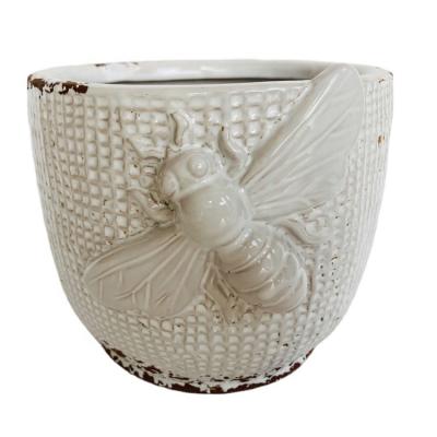 China Home Decoration Garden Decoration Customized Bee Relief Garden Decoration White Flower Pot Ceramic Cute Porcelain for sale