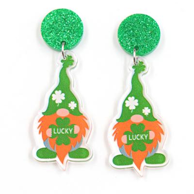 China Cute Hot Sale ERS333ER1344 St Patrick's Day Statement Women Laser Cut Acrylic Lucky Gnome Earrings for sale