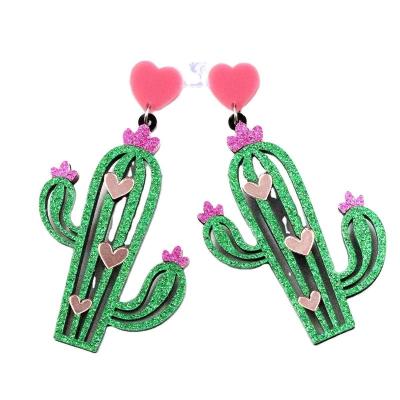 China New Product New Product ERS438ER1076 Heart Mirror Cactus Green Glitter Cactus Acrylic Earrings for sale