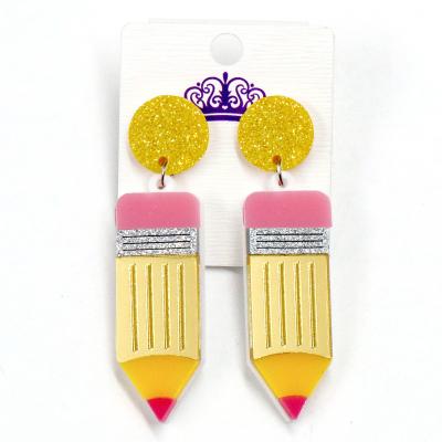 China Best Selling Cute Pencil ERS487ER1128 Acrylic Laser Cut Teacher Gift Plastic Jewelry Earrings for sale