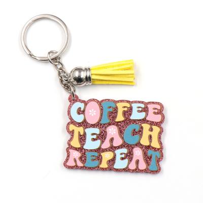 China Best Selling Acrylic KHS215KH1130 2023 New Coffee Teach Repeat Teacher's Day Gift Glitter Acrylic Key Chain for sale