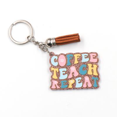 China KHS213KH1128 Best New Acrylic 2023 Price Coffee Teach Repeat Teacher's Day Gift Glitter Acrylic Key Chain for sale