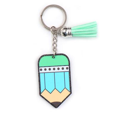 China KHS157KH1051 Best Price Acrylic Hot Selling Pencil Key Chain With Tassel Double Faced Printed Teacher Appreciation Plaid Acrylic for sale