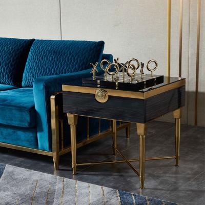 China E1801 Modern Gold And Black Metal Side Table With Drawer Bed Side Table for sale