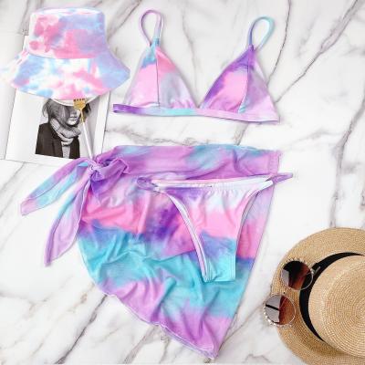 China 2021 Vendor Swimsuit Tie Dye Print Breathable Hot Bikini Swimwear With Bucket Hat for sale