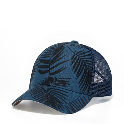 China New Coming COMMON 2021 Summer Style High Quality Leaf Printing Curved Brim Trucker Hat Mesh 5 Custom Panel for sale