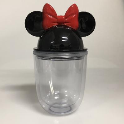 China Sale 350ML Double Wall Viable Popular Mini Minnie Mouse Ears Water Bottle Acrylic Clear Plastic Cup With Lid And Straw BPA Free Custom for sale