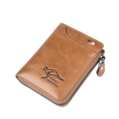 China Retro Oil Short Wax Purse Waterproof Men's Multi-Card PU Coin Pocket Zipper Leather Wallet for sale