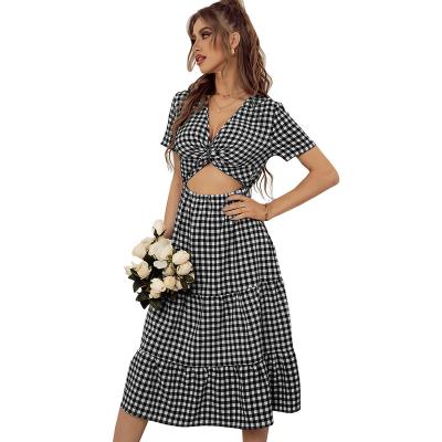 China Breathable Summer Regular Fitted V Neck Gorgeous Gingham Twist Cut Ruffle Edge Short Sleeve Midi Casual Dress for sale