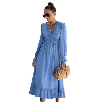 China Dot Frill Trim Boho Smock Midi High Waist Ruffle Deep V Neckline Sleeveless Swiss Spring/Autumn A Line Breathable Dress for sale