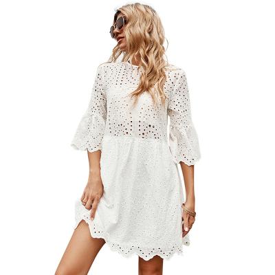 China Summer Women Breathable Bell Sleeve Cotton Eyelet Embroidered Round Neck A Line Mini Schiffy Dresses for sale