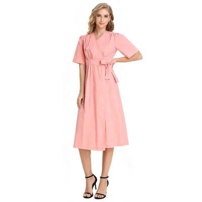 China Anti-Wrinkle Ployester 100% Plus Size Women Clothing Short Sleeve Belted Wrap Tea Dresses for sale