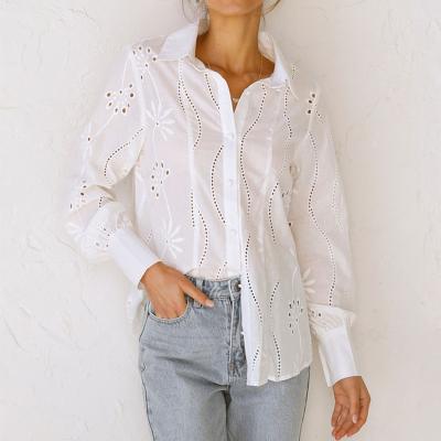 China Breathable Women Collared Button Up Long Sleeve Crochet Lace Cotton Floral Embroidery Shirt Top for sale