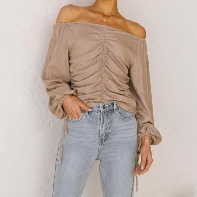 China Breathable Womens Sleeve Long Wide With Self Adjustable Tie Scallop Edge Off Shoulder Ruched Tops for sale