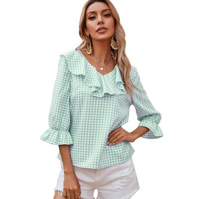 China Breathable Lady V Neck Bell Flounce Three Quarter Sleeve Ruffle Trim Sweater Gingham Top for sale