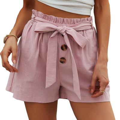 China Women Breathable Cotton Comfortable Elastic Waist Belted Front Button Detail Pocketed Casual Loose Fit Shorts for sale