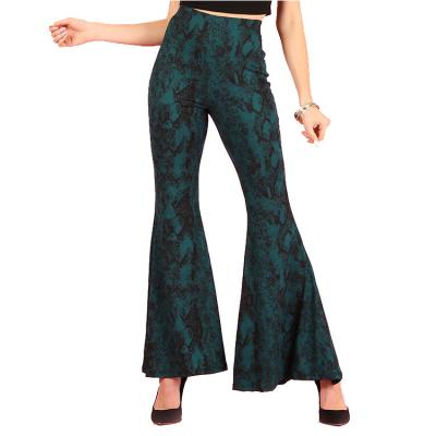 China Breathable Polyester Spandex Snakeskin Print Fitted Elastic Waistband Bell Bottom Full Length Pants High Rise Stretch for sale