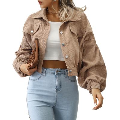 China Breathable Spring Autumn Basic Collar Chest Mock Flap Pockets Buttoned Women Bishop Sleeve Cropped Corduroy Drop Jacket for sale