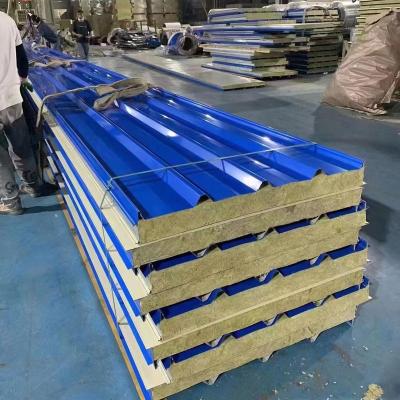 China Exterior easy installation roof tile roof sandwich panel insulated steel fireproof color rock wool sandwich roof panels for sale