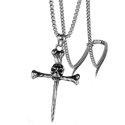 China Hiphop Mens Skull Head Cross Stainless Steel Necklace Biker Party Pendant Jewelry Gifts For Him for sale