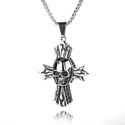 China Hiphop Mens Skull Head Cross Stainless Steel Necklace Biker Party Pendant Jewelry Gifts For Him for sale