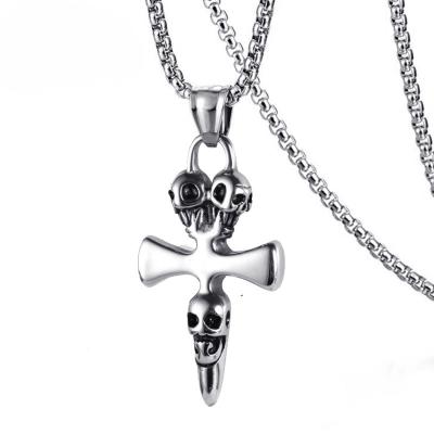 China Hiphop Mens Skull Head Cross Stainless Steel Necklace Biker Party Pendant Jewelry Gifts For Him for sale