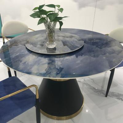 China Modern Round Double-Layer Revolving Dining Table In Modern Blue Marble Design for sale