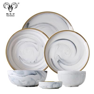 China Graceful Royal Glazed Ceramic Marble Viable Style Dinner Set Gold Ceramic Rim Dinnerware Set for sale