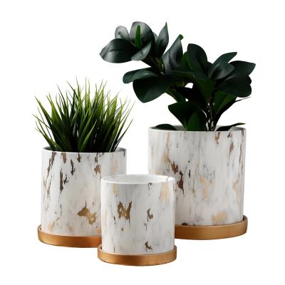 China Modern Luxury Modern Planter Pot Marbling Ceramic Flower Pot Garden Orchid Pot With Gold Tray for sale