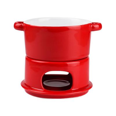 China Sustainable Porcelain Custom Red Fondue Sets Ceramic Fat Pot Crucible For Chocolate Cheese And Tapas Fondue for sale