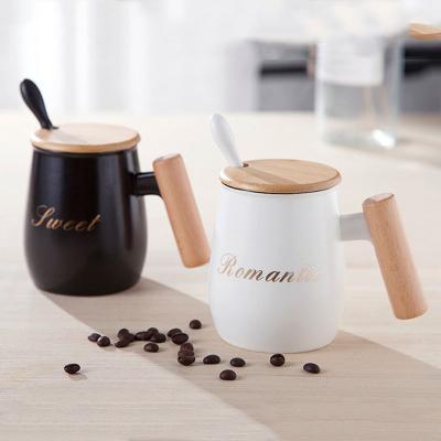 China Viable Japanese Style Matte White Black Ceramic Coffee Mugs with Wooden Handle and Lid for sale