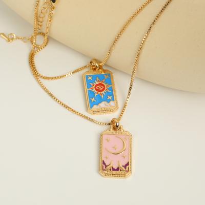 China Non Tarnish Colorful Mystic Tarot Amulet Design Sun Moon Star Moon Star Necklace Card Tarot Divination Square Pendant Necklaces Micro Enamel Zircon Micro Enamel for sale