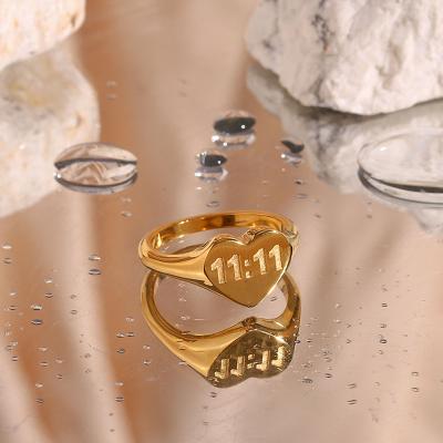 China Non Tarnish New Style 18K Gold Plated 11:11 Ring Heart Stainless Steel Lucky Angel Number Stamp Ring For Women for sale