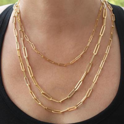 China Non Tarnish Womens 14K Gold Plated Paper Clip Chain Necklace Stainless Steel Rectangle Link Long Choker Necklace for sale