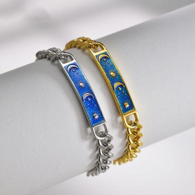 China Non Tarnish Aesthetic Stainless Steel Bracelet Moon Sun And Blue Stars Bracelet Unique Couples Enamel Bracelet Jewelry For Women for sale