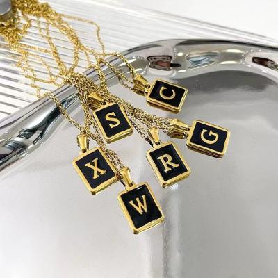 China Non Tarnish New Stainless Steel 26 Initial Letter Necklace Tarnish Free Shell Square Letter Necklace Initial Jewelry for sale