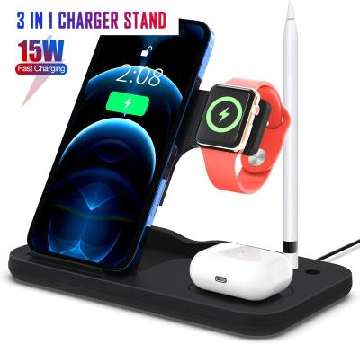 China Eco-Friendly Retail Package Multi All In One Phone Holder 15W Qi Charging Radio 3 In 1 Charger Dock Base For iPhone/iWatch/Airpods for sale