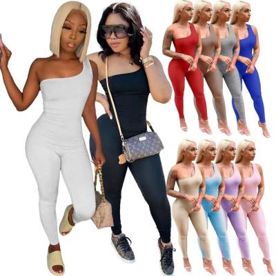 China 2021 Most Popular Women's Breathable One-piece Jumpsuit One Shoulder Sleeveless Fitness Bodycon Overalls for sale