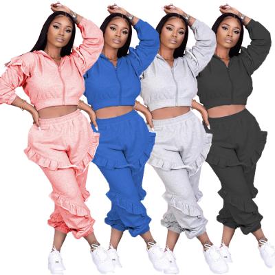 China Sporty Active Zipper Women Hoodie Design Two Piece Set Breathable Crop Top+Solid Single Sheath Pants for sale