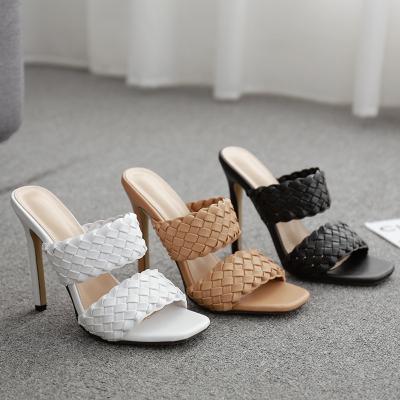 China 2021 New Brand PVC Female Summer Slides Weave High Quality Toe Open Double Strap Heeled Sandals Thin High Heel for sale