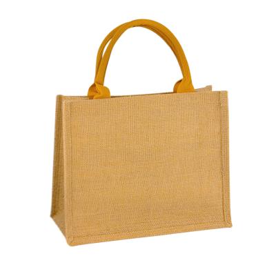 China Large Eco-Friendly Jute Burlap Tote Hand Bag Nature White Cotton Handle Jute Sack Brown for sale