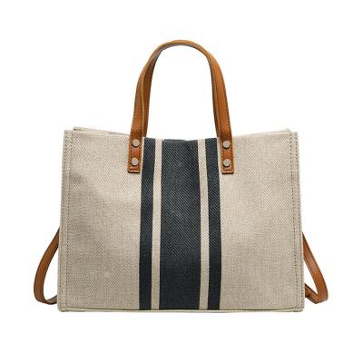 China 2021 Women Tote Bag Portable Briefcase Office Fashion Shoulder Bag Jute Eco-friendly Bag With Leather Handle for sale