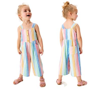 China 2022 Summer Anti-wrinkle Cute Sportswear Sleeveless Suspenders Button High Waist Kids Girls Daily Wear Striped Wide Leg Overalls for sale